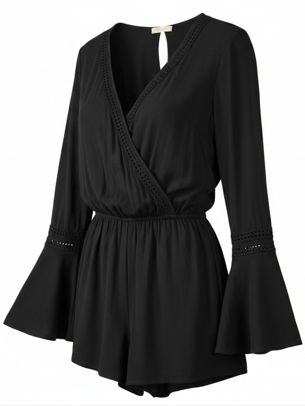 Hollister Romper Sz S Black Bell Sleeves Lace Faux Wrap Whimsigoth Dark Romantic